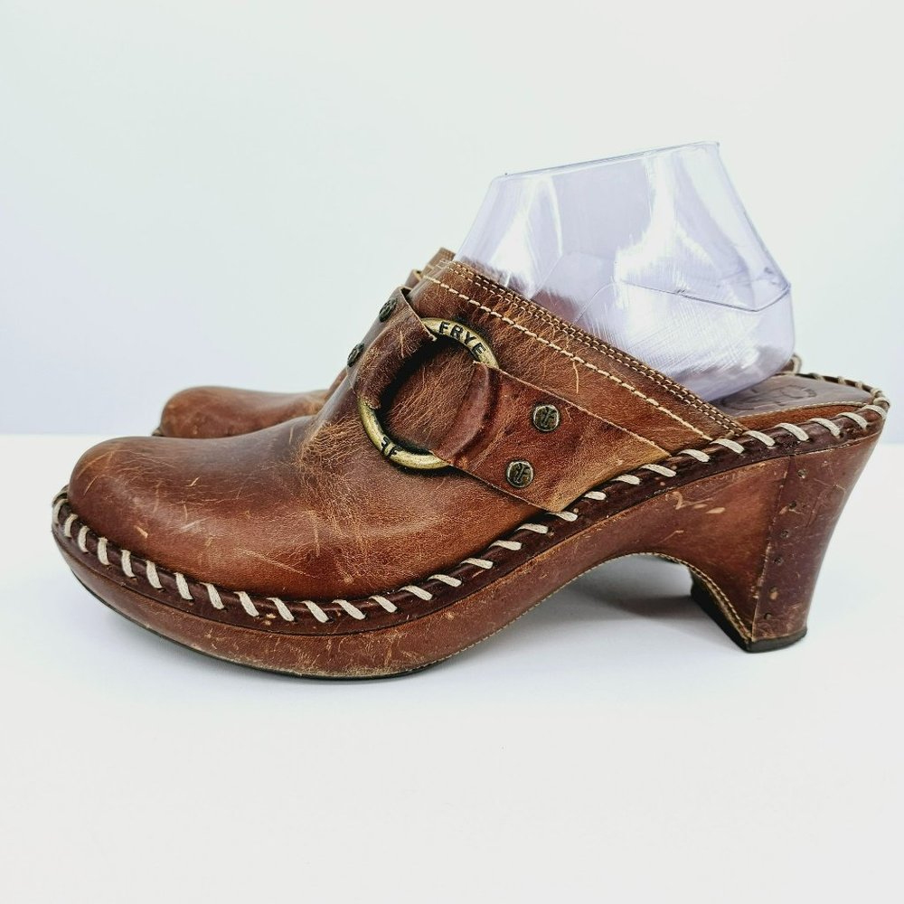 Frye Charlotte Ring Mules Clogs 9.5 M Brown Leather Distressed Stitched Rivets - Picture 9 of 16